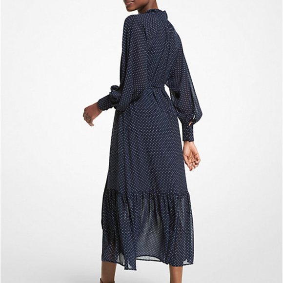 SOLD Michael Kors Womens Dress Large Polka Dot Georgette Tie-Neck Navy Poet Slv - Picture 2 of 12